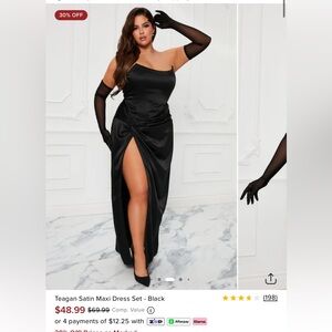 Fashion Nova Black Satin Maxi Dress with Gloves